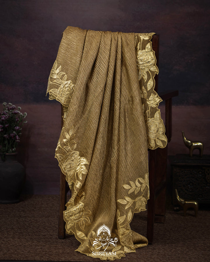 Handloom Pure Banarasi Crushed Tissue Silk Saree with Appliqué Borders