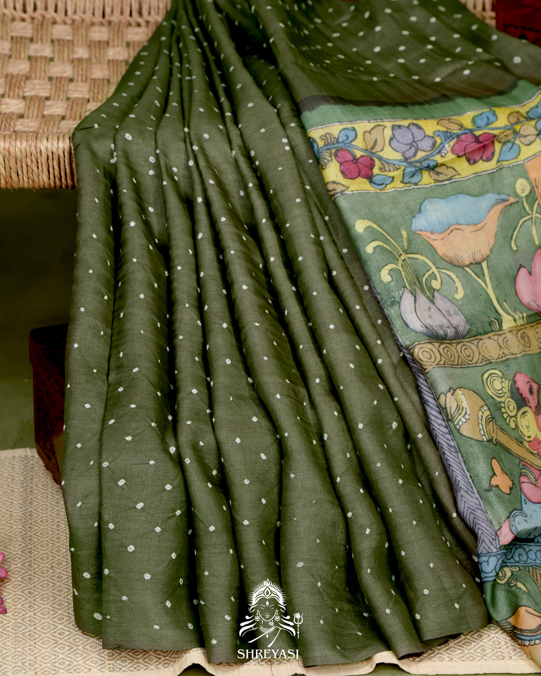 Handloom Pure Tussar Silk Saree with Hand Knotted Bandhej and Pen Kalamkari Pallu and Blouse