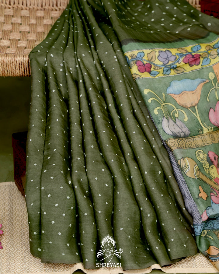 Handloom Pure Tussar Silk Saree with Hand Knotted Bandhej and Pen Kalamkari Pallu and Blouse