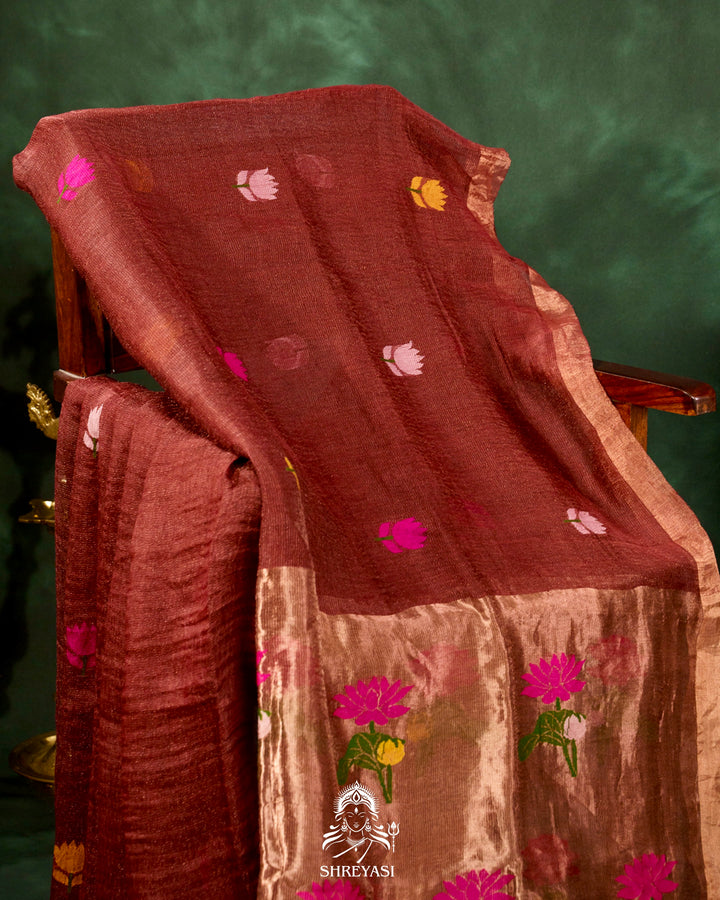 Handloom Silk Linen Jamdani Saree with Tissue Paithani Pallu