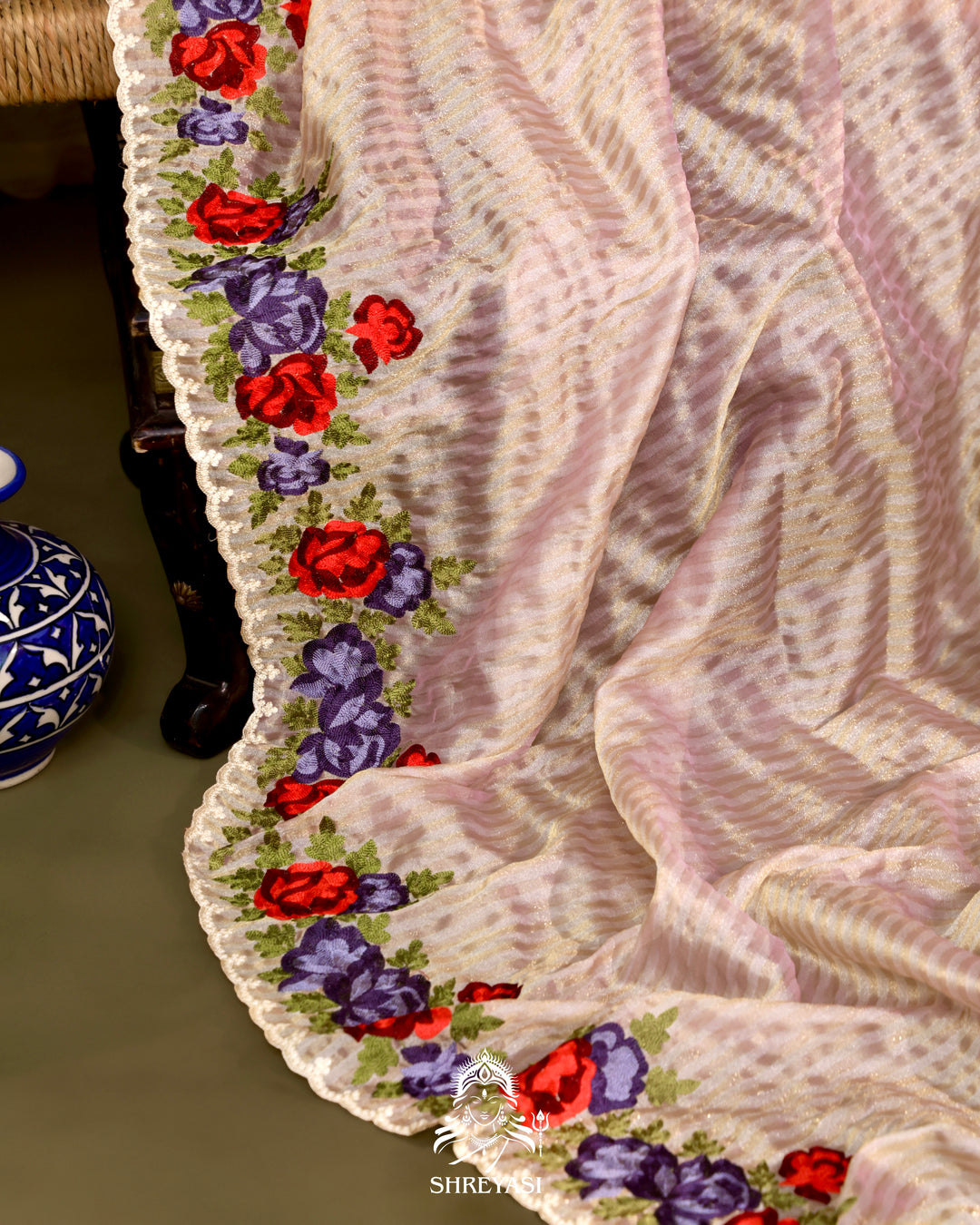 Chanderi Tissue Saree with Pita & Thread Floral Embroidery