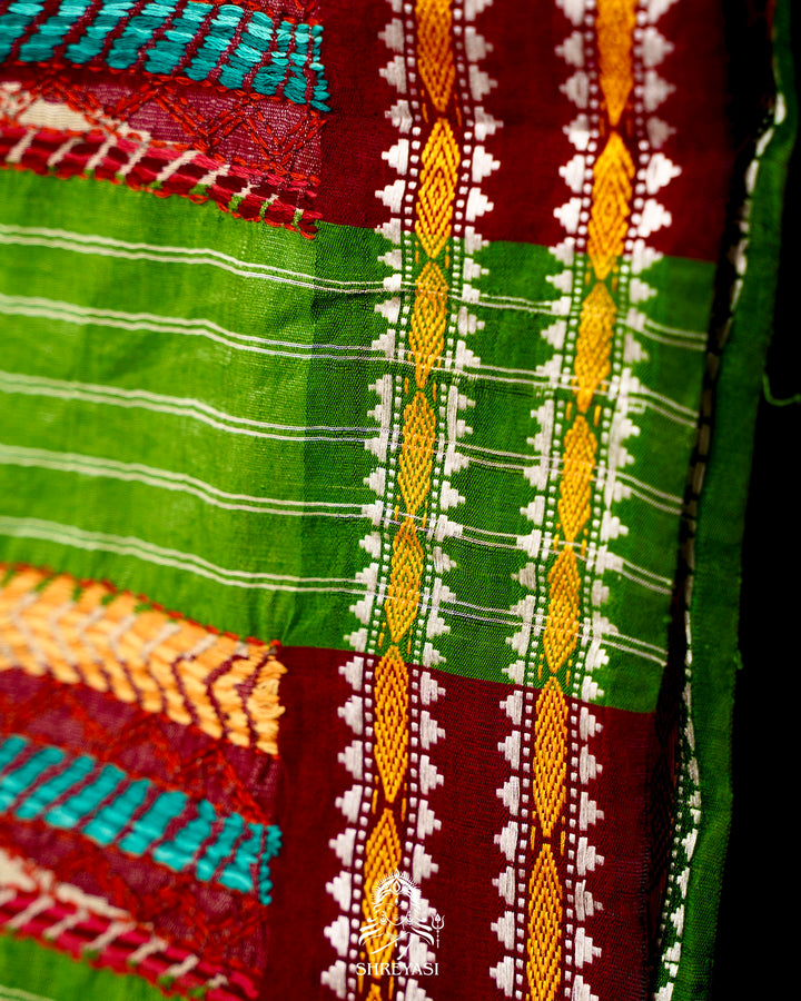 Handloom Pure Vidarbha Tussar Silk Saree with Karvati Kinar Border and Kantha Embroidery