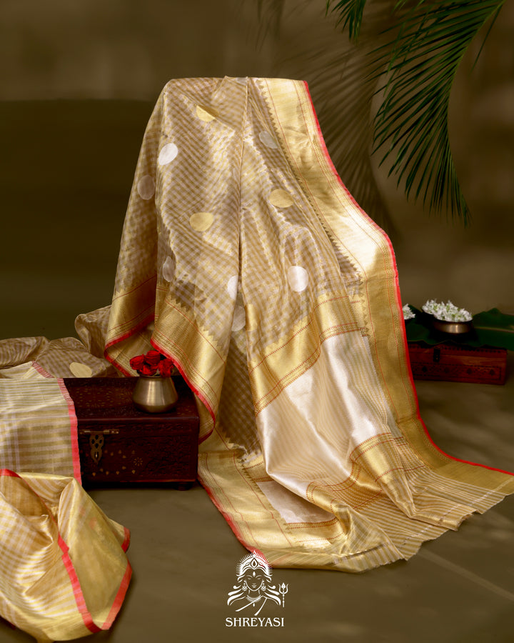 Banarasi Tissue Silk Saree in Kadhwa Weaving with Zari Polkas and Contrast Selvedge
