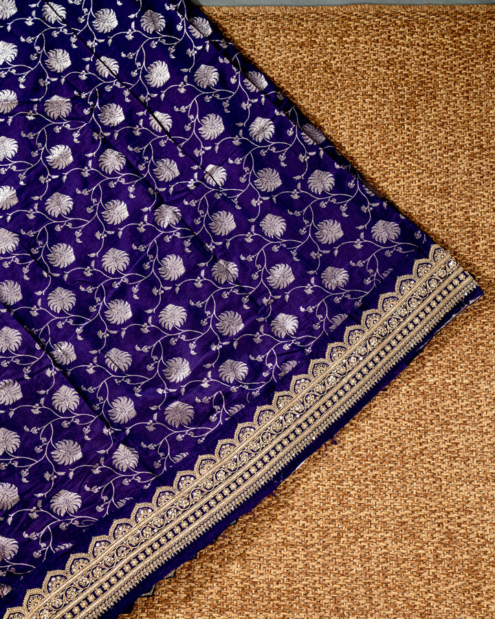 Hand Embroidered Chikankari Pure Georgette Saree with Scalloped Embroidered Borders and Contrast Banaras Blouse