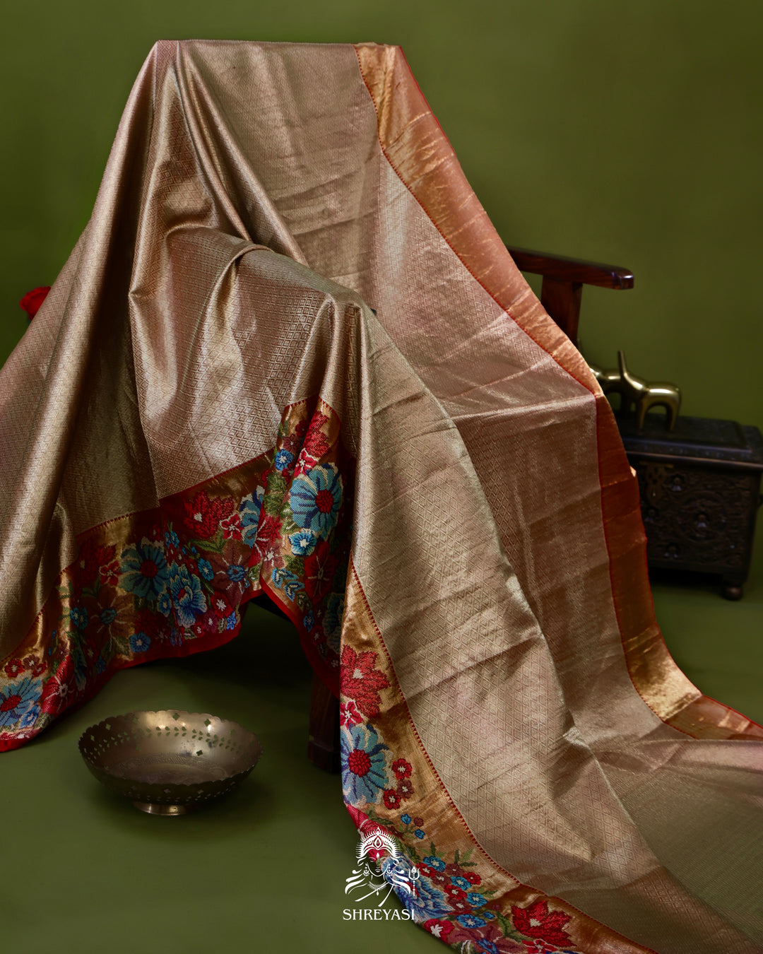 Handloom Pure Kanjivaram Tissue Silk Saree with Petit Point Embroidered Borders