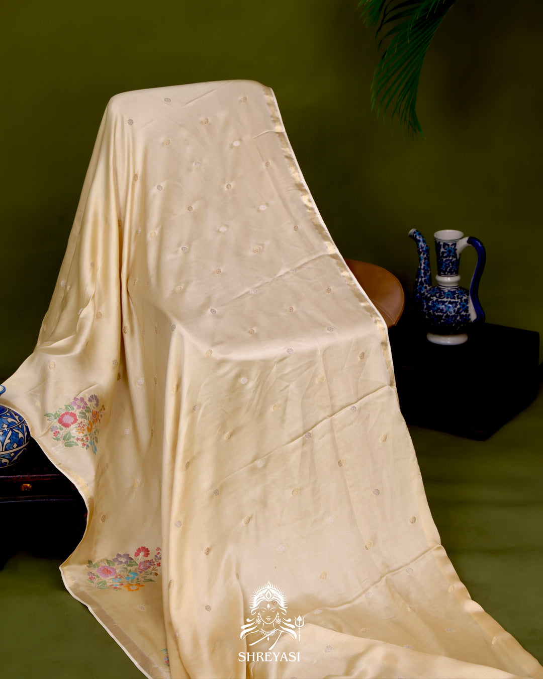 Handloom Pure Mashru Silk Saree with Sona Rupa Meenakari Bhutis and Nakshi Pallu
