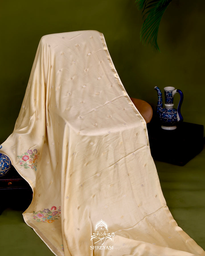 Handloom Pure Mashru Silk Saree with Sona Rupa Meenakari Bhutis and Nakshi Pallu