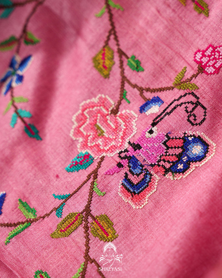 Handloom Pure Desi Tussar Silk Saree with Petit Point Embroidery
