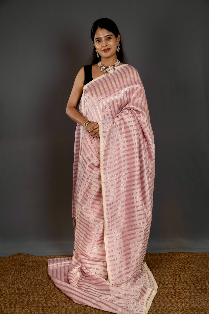 Handloom Pure Chanderi Silk Saree in Blush Pink with Silver Zari Stripes and Embroidered Floral Blouse