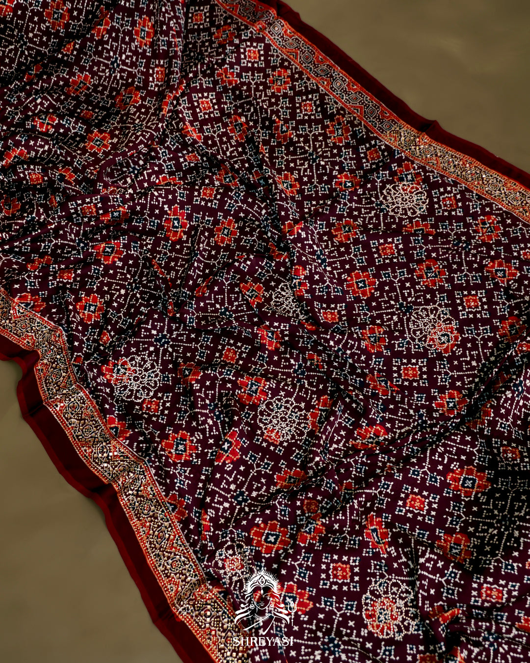 Pure Modal Silk Ajrakh Saree with Swarovski Crystal Embroidery