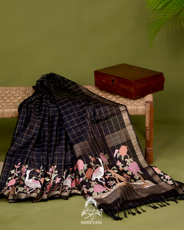 Pure Linen Tussar Silk Saree with Resham Embroidered Borders