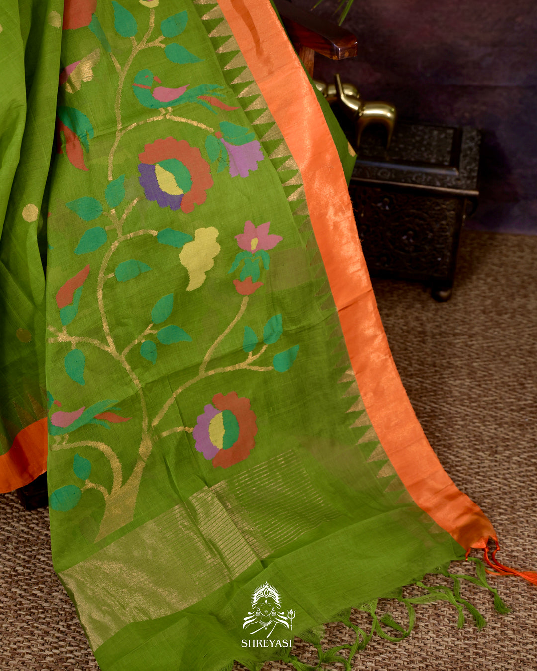 Handwoven Pure Ponduru Khadi Jamdani Saree in Fresh Leaf Green with Woven Floral & Bird Pallu