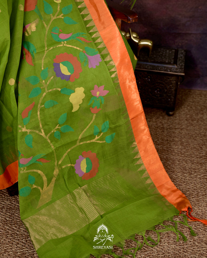 Handwoven Pure Ponduru Khadi Jamdani Saree in Fresh Leaf Green with Woven Floral & Bird Pallu
