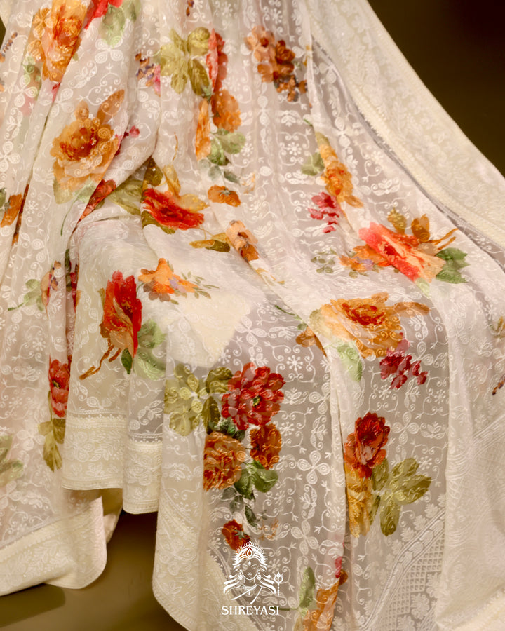 Georgette floral saree with chikankari embroidery