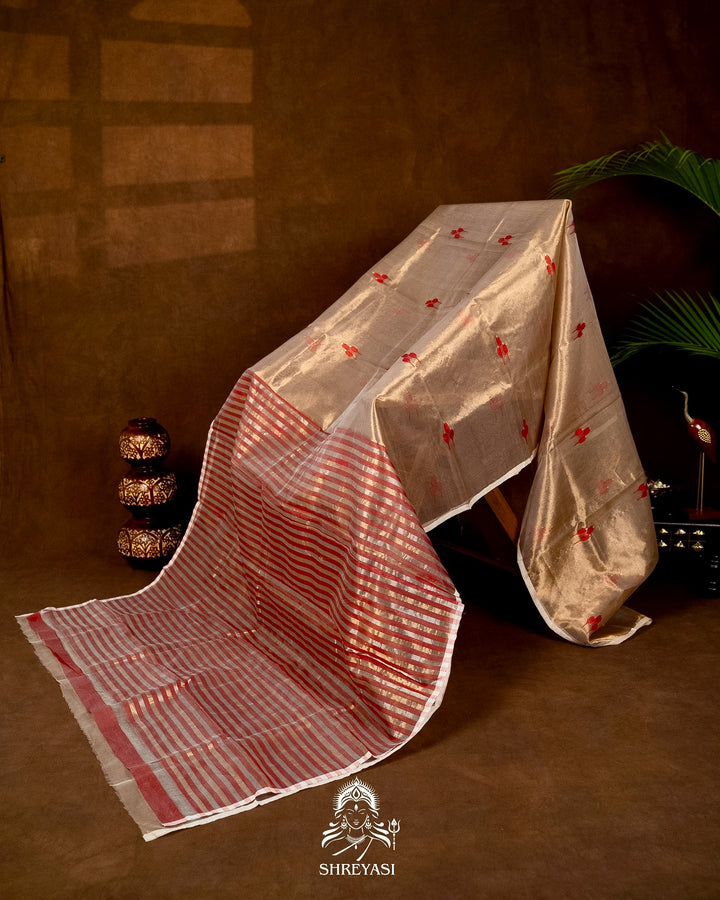 Handloom Pure Chanderi Tissue Silk Saree with Woven Bhutis and Striped Blouse