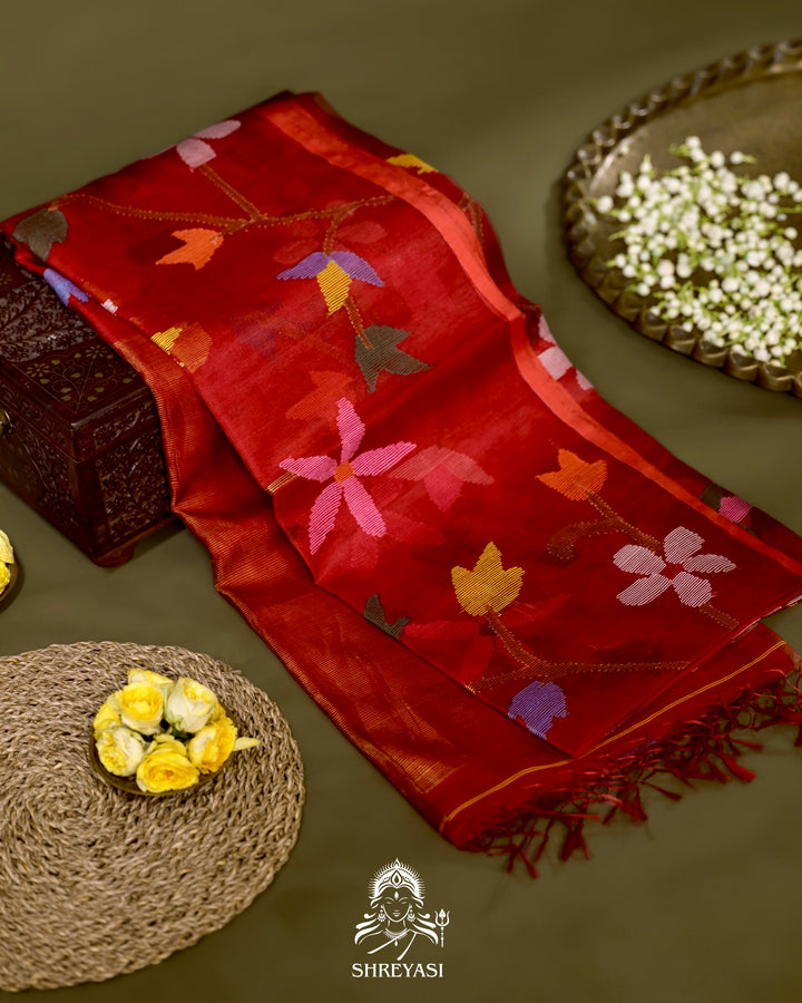 Handloom Pure Muslin Jamdani Saree in Full Jaal Needle Weaving