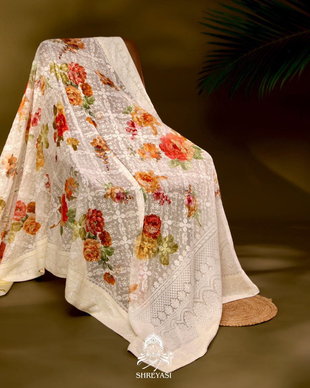 Georgette floral saree with chikankari embroidery
