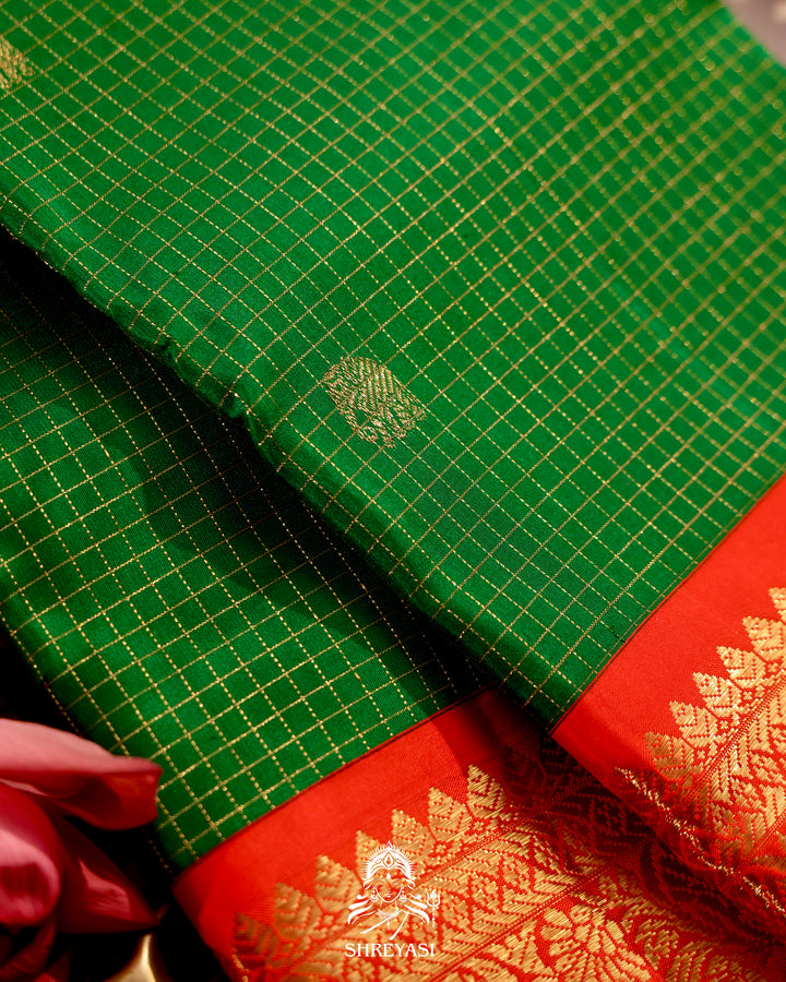 Handloom pure Kanjivaram silk saree with real zari, kattam checks, and traditional motifs
