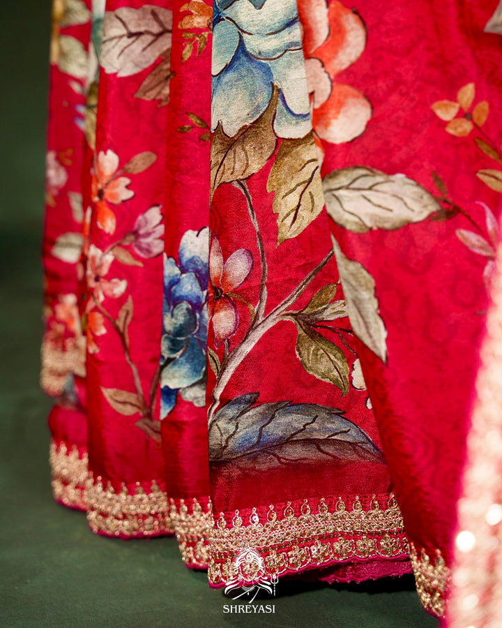 Floral Crepe Chiffon Saree with Embroidered Borders