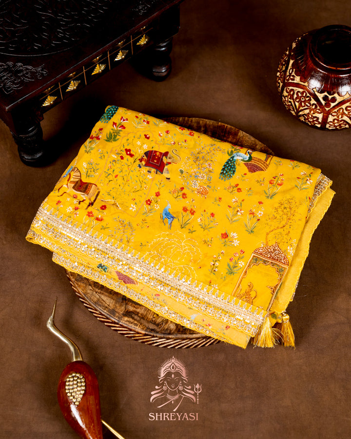 Mughal Garden Print Crepe Chinon Saree with Embroidered Border