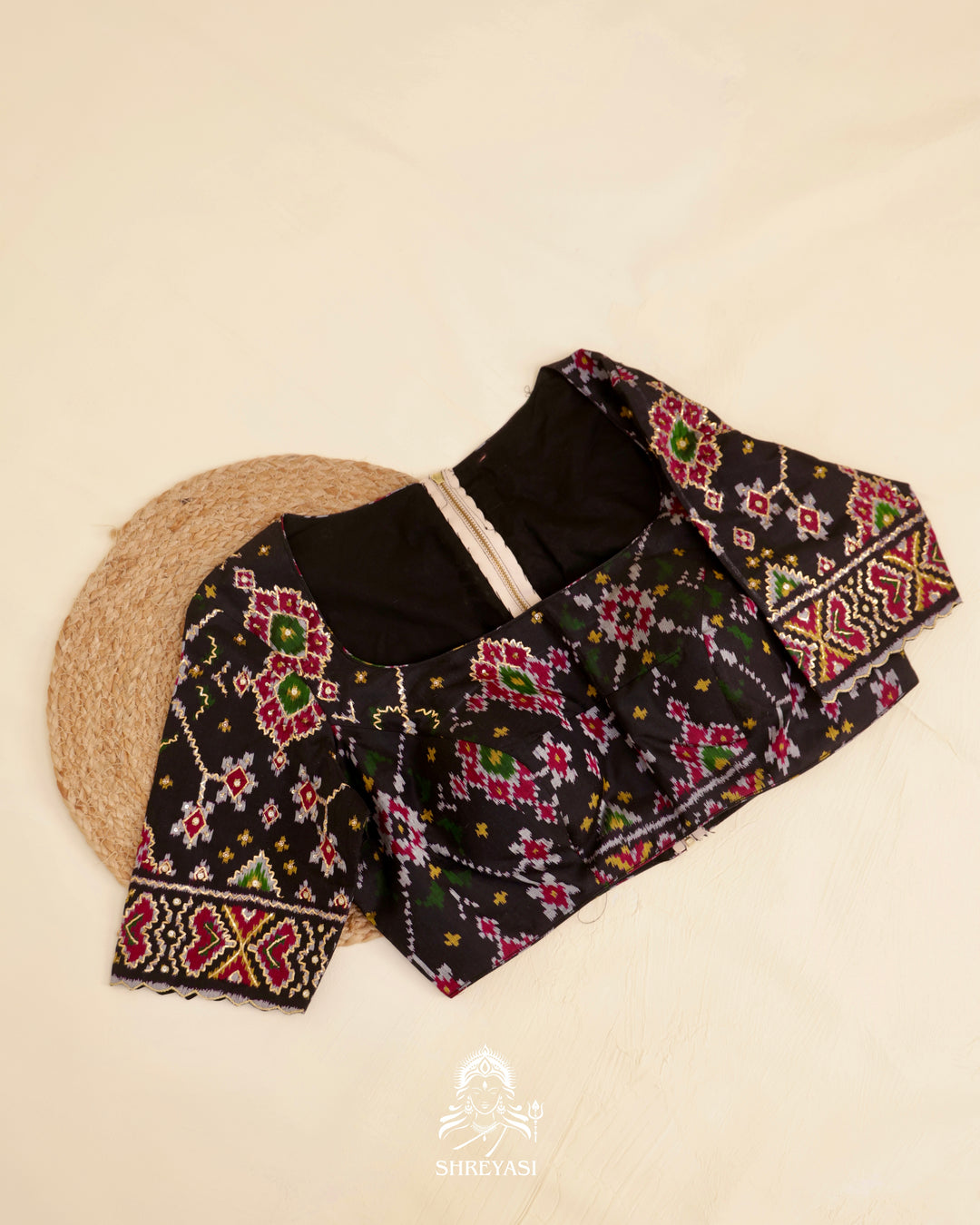 Rajkot Patola single ikat silk blouse with geometric motifs and pita embroidery