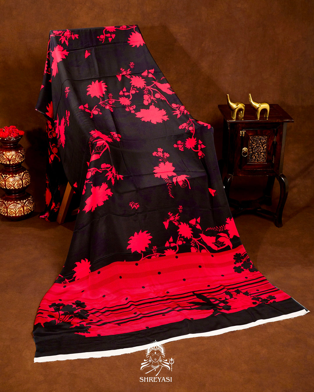 Pure Crepe Floral Saree in Black and Scarlet Red