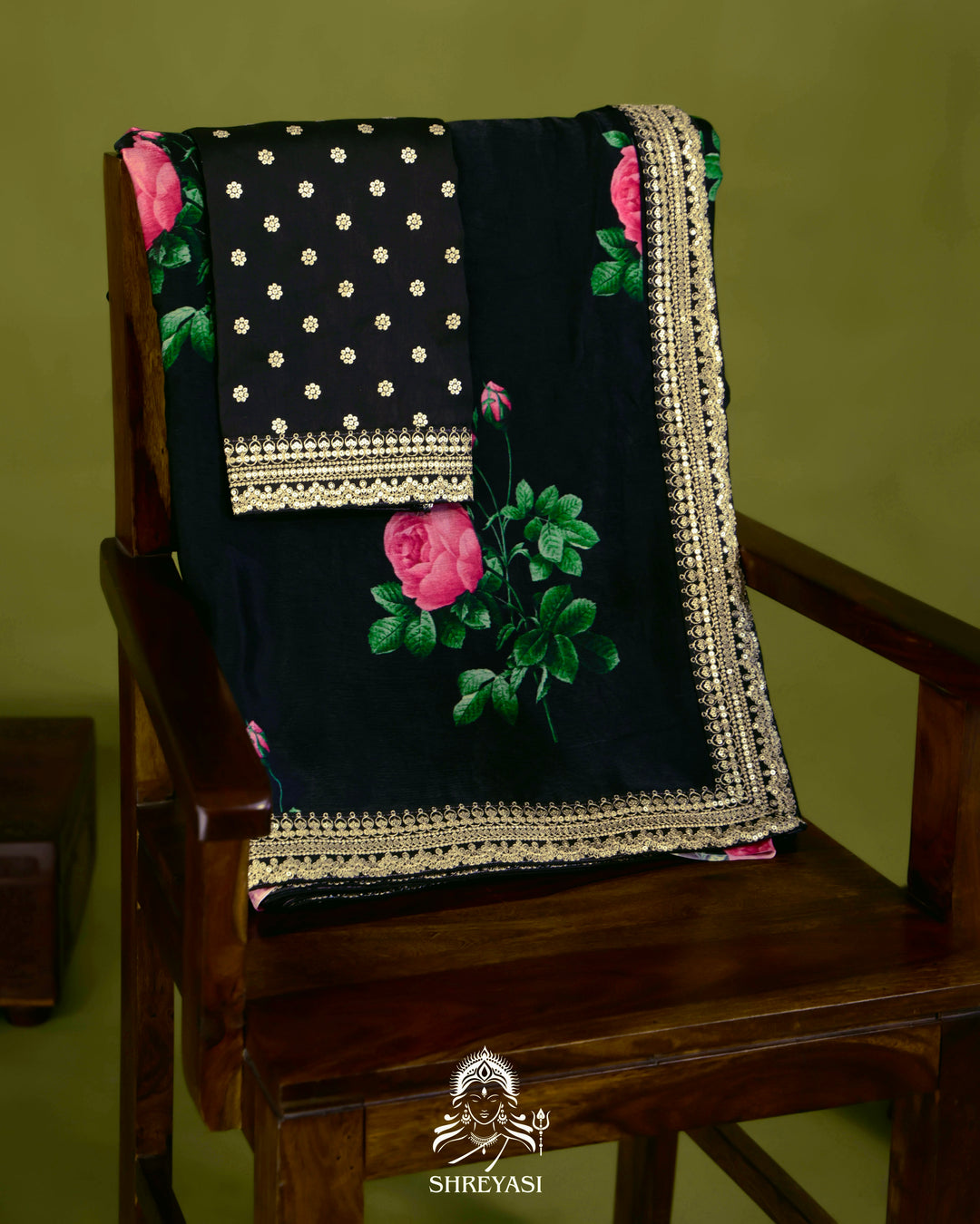 Black Chinon Satin Floral Saree with Embroidered Border