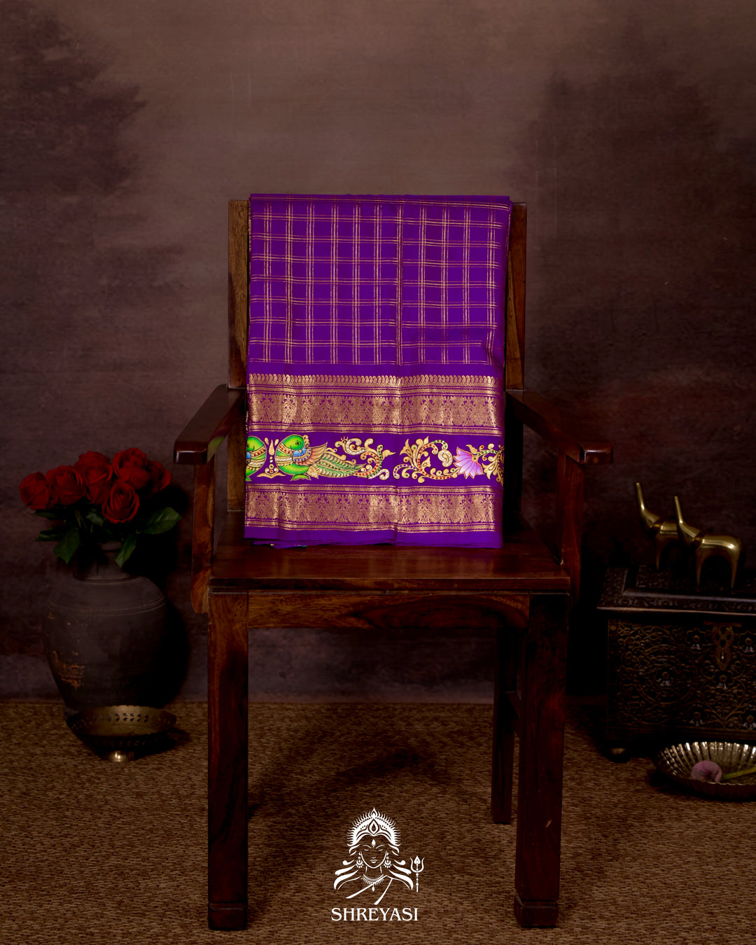 Handloom Pure Kanjivaram Silk Saree in Real Zari with Tanjore Kili and Kamalam Artwork