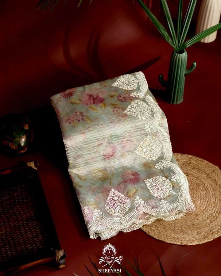 Pure Banarasi Crushed Tissue Saree with Scalloped Embroidery