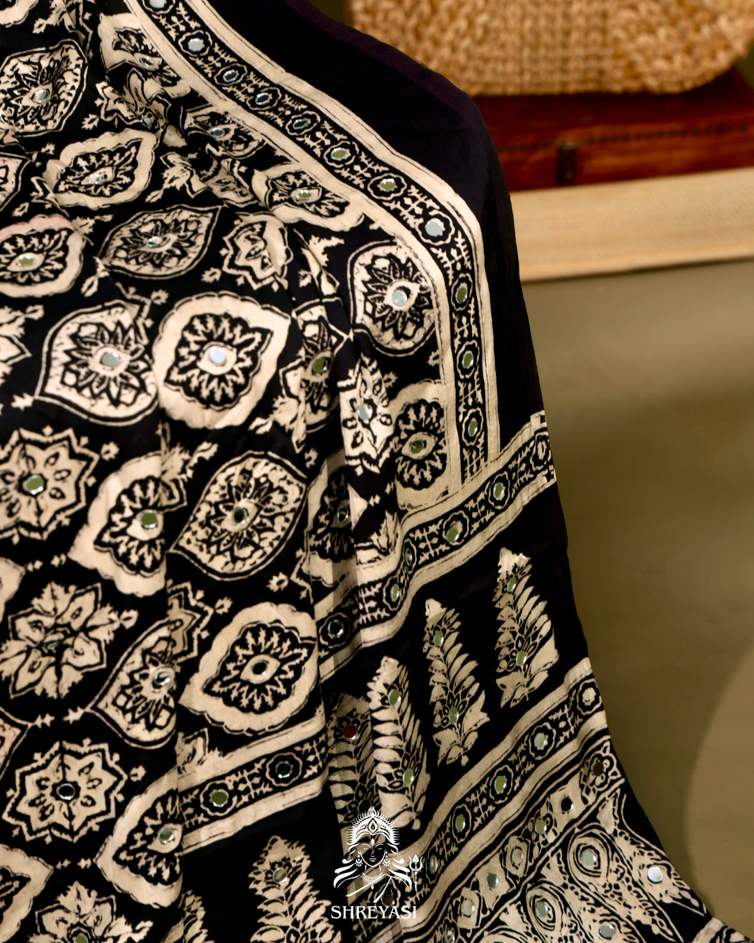 Ajrakh Hand Block Printed Pure Modal Silk Saree With Mirror Work