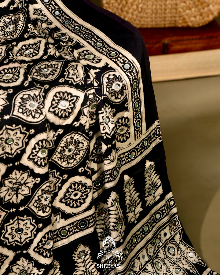 Ajrakh Hand Block Printed Pure Modal Silk Saree With Mirror Work
