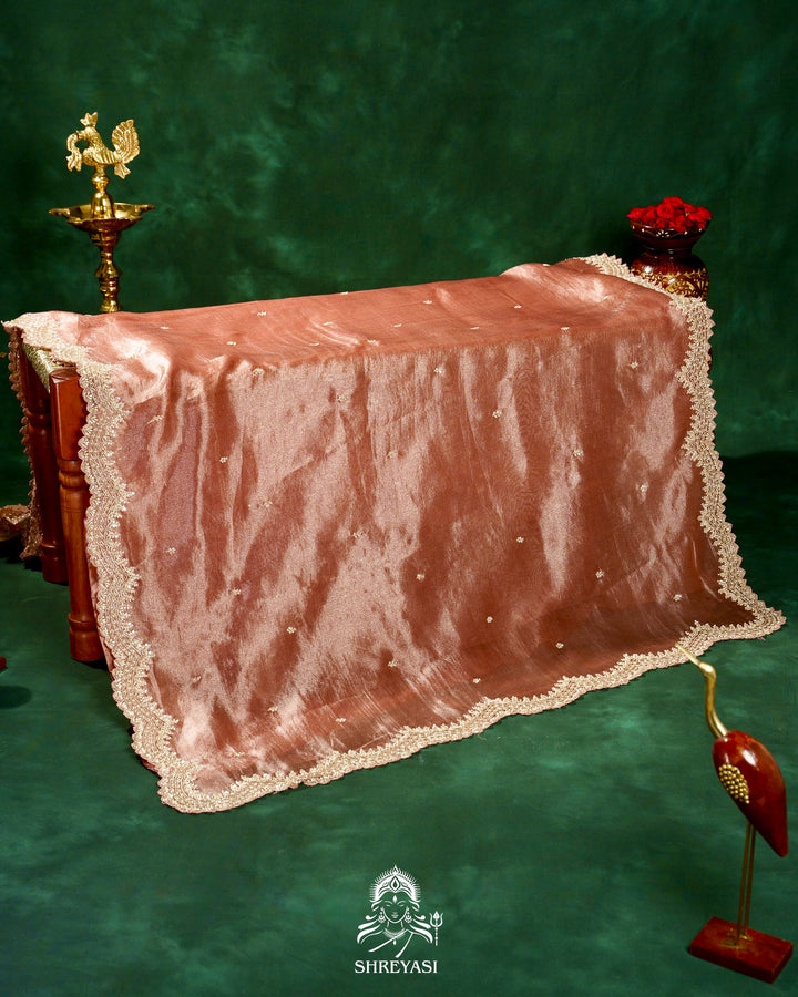 Handloom Pure Banarasi Tissue Silk Saree with Scallop Hand Embroidered Borders and Petit Point Embroidered Blouse