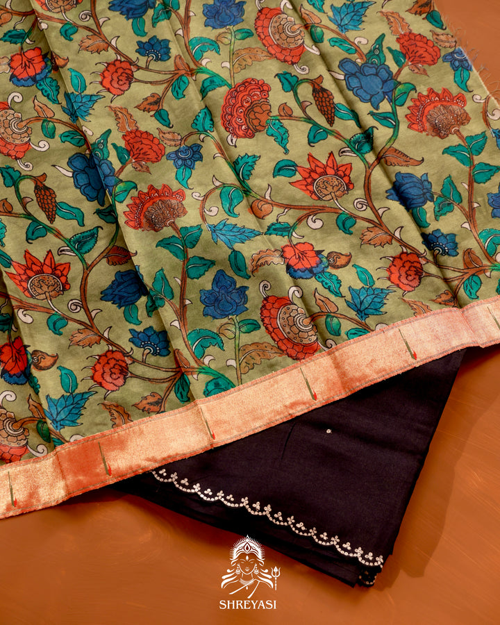 Tussar Silk Saree with Paithani Pen Kalamkari Blouse
