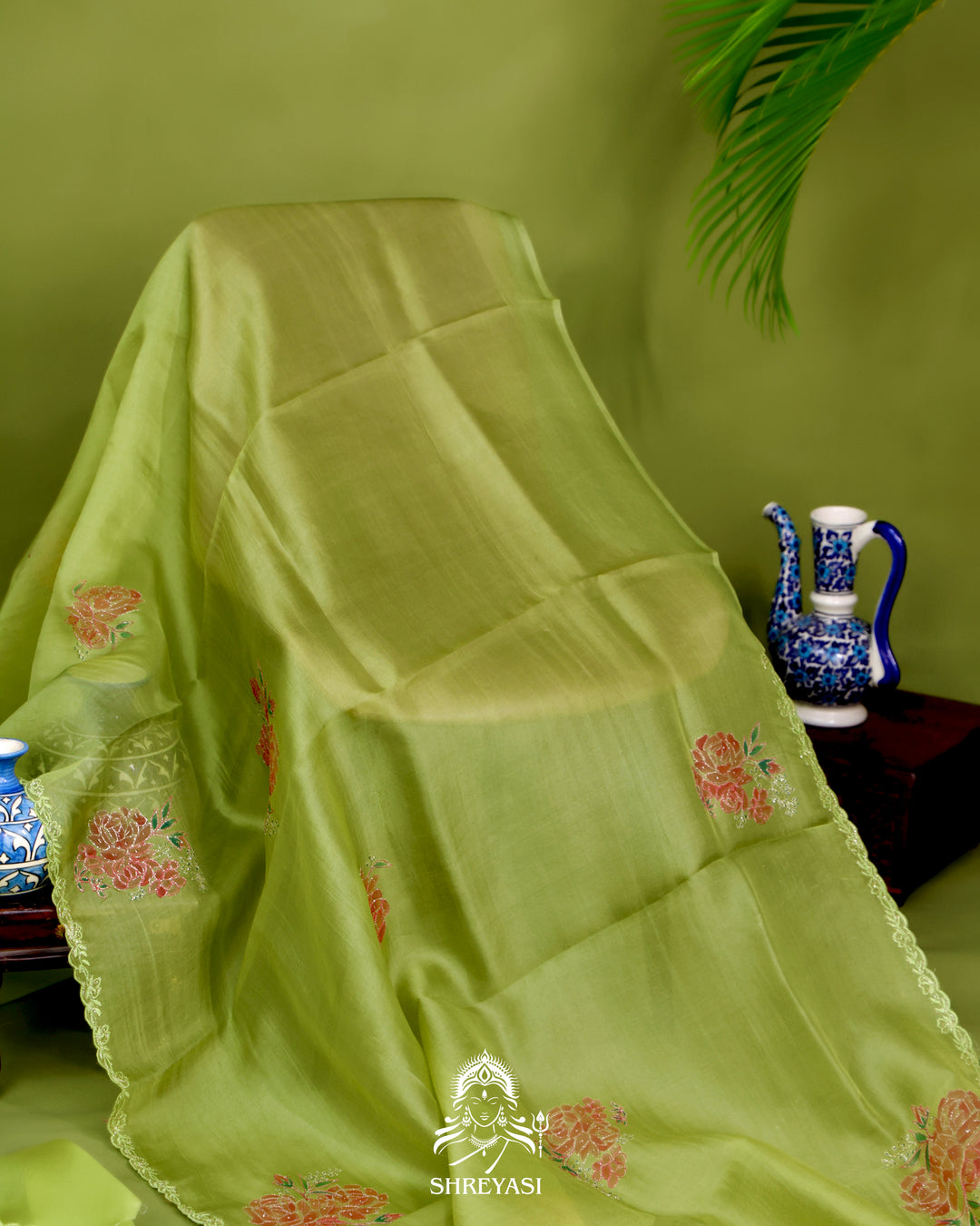 Hand Painted Floral Pure Organza Silk Saree with Pita Embroidery