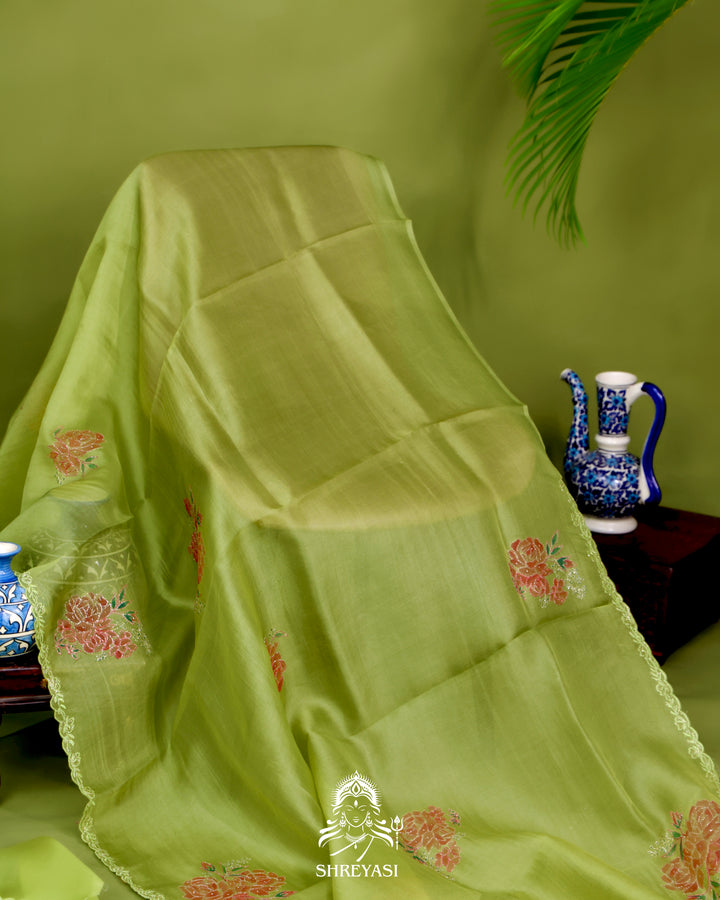 Hand Painted Floral Pure Organza Silk Saree with Pita Embroidery