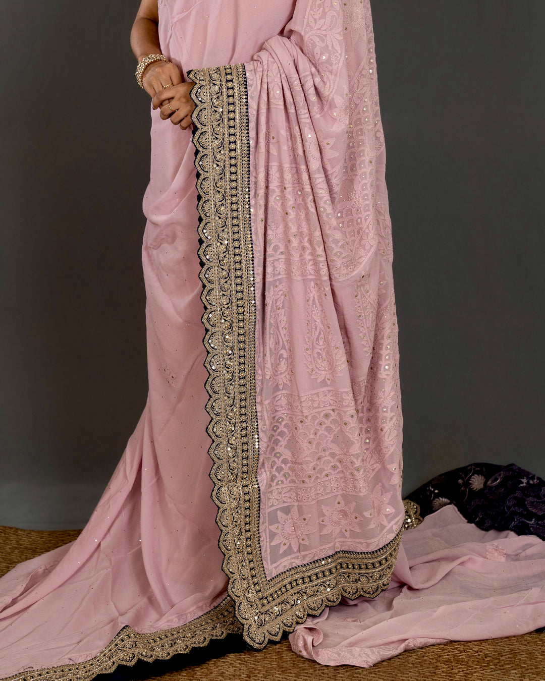 Hand Embroidered Chikankari Pure Georgette Saree with Scalloped Embroidered Borders and Contrast Banaras Blouse