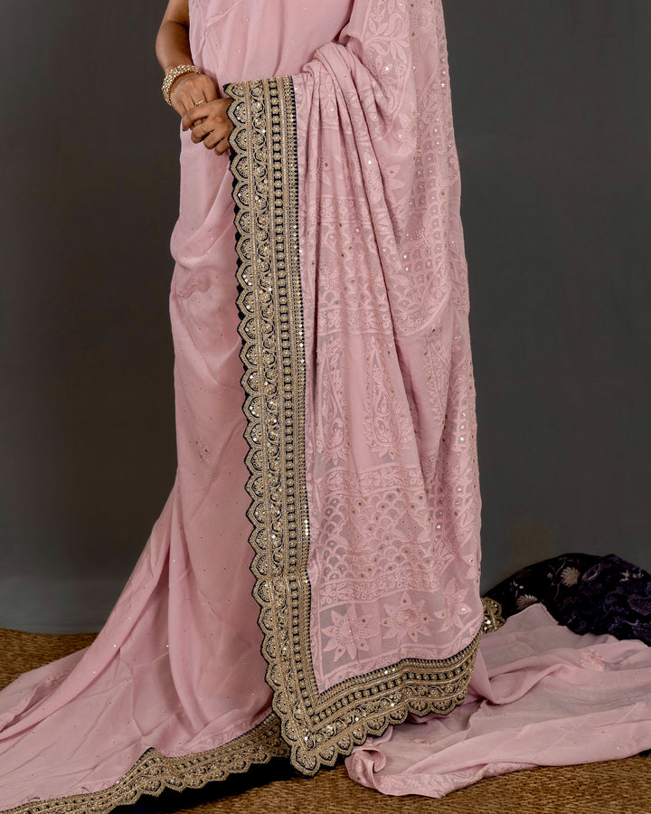Hand Embroidered Chikankari Pure Georgette Saree with Scalloped Embroidered Borders and Contrast Banaras Blouse