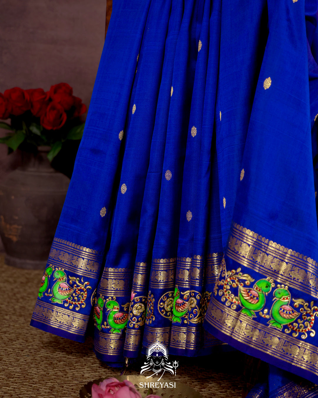 Handloom Pure Kanjivaram Silk Saree in Real Zari with Tanjore Mayil and Kamalam Artwork