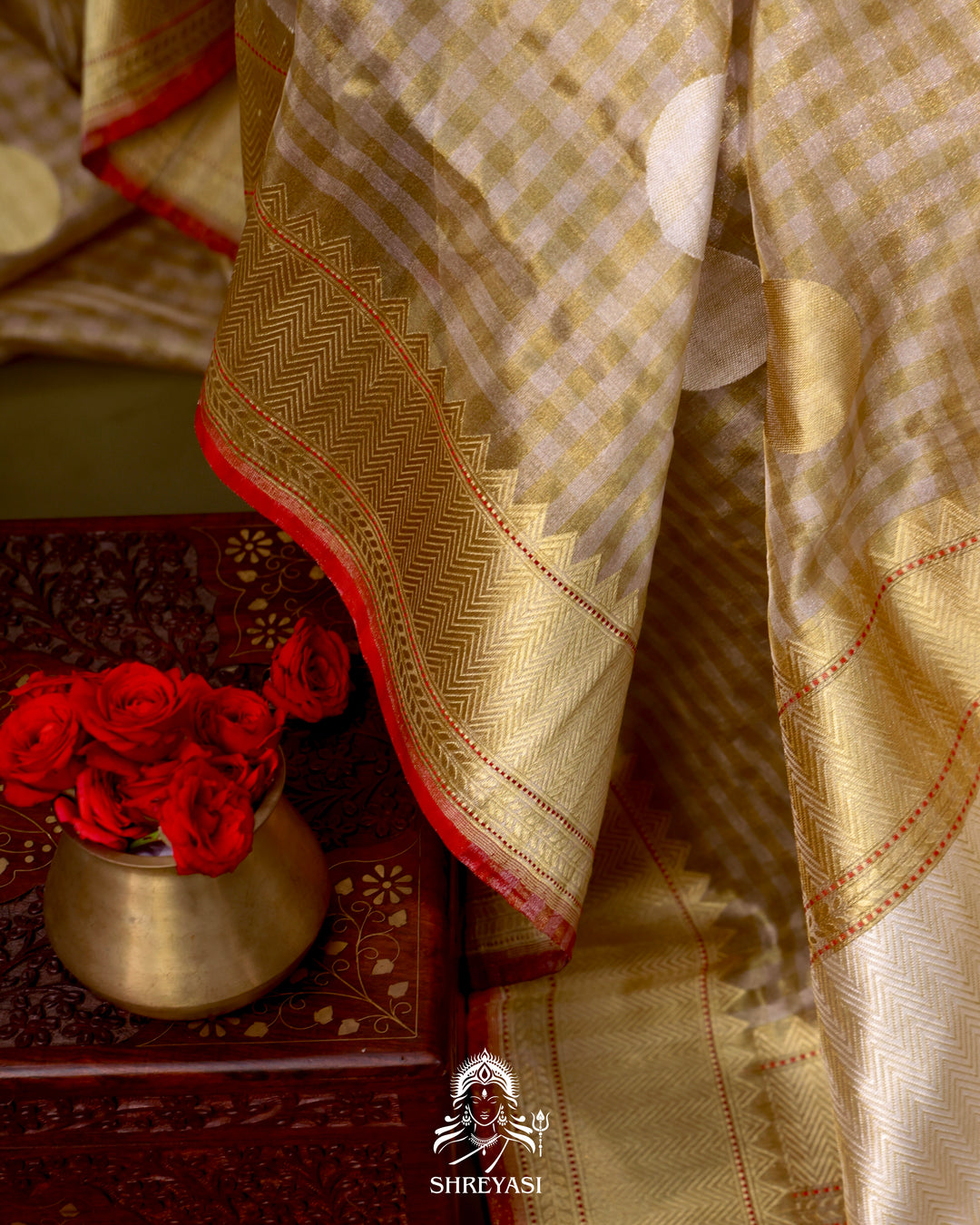 Banarasi Tissue Silk Saree in Kadhwa Weaving with Zari Polkas and Contrast Selvedge