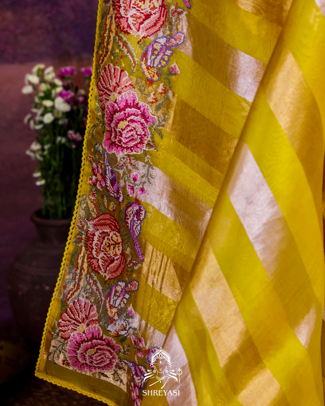 Pure Tissue Silk Saree with Zari Stripes and Petit Point Embroidered Borders
