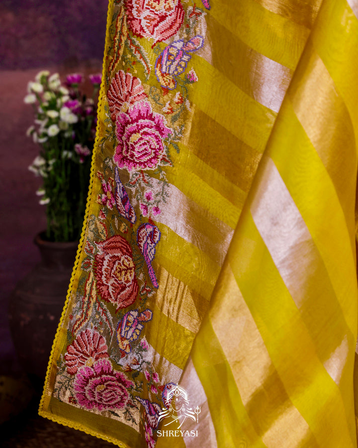 Pure Tissue Silk Saree with Zari Stripes and Petit Point Embroidered Borders