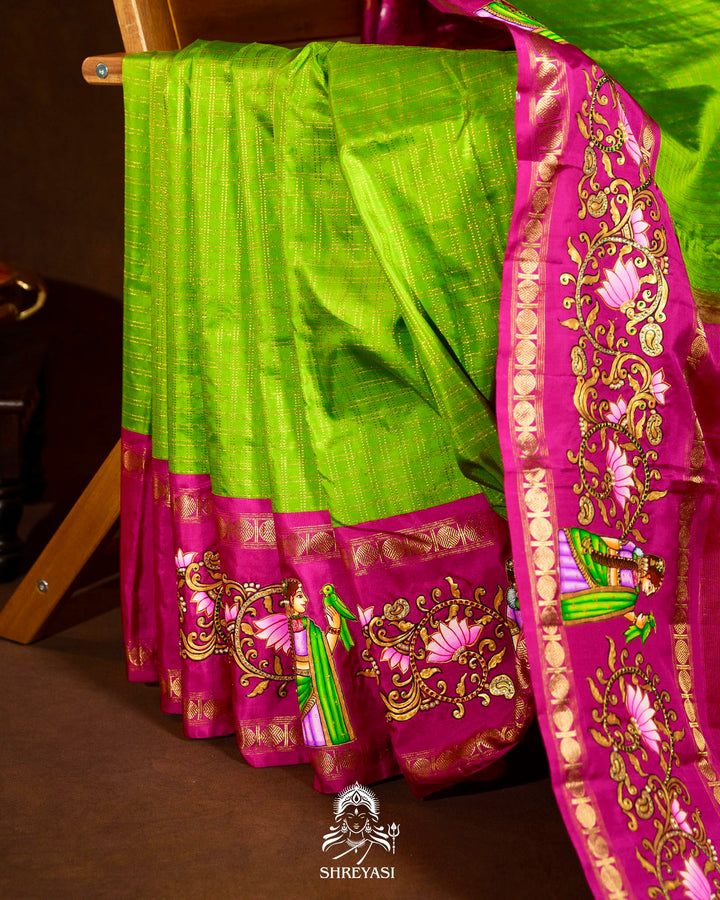 Traditional Tanjore Painting on Handloom Pure Kanjivaram Silk Sarees with Real Zari