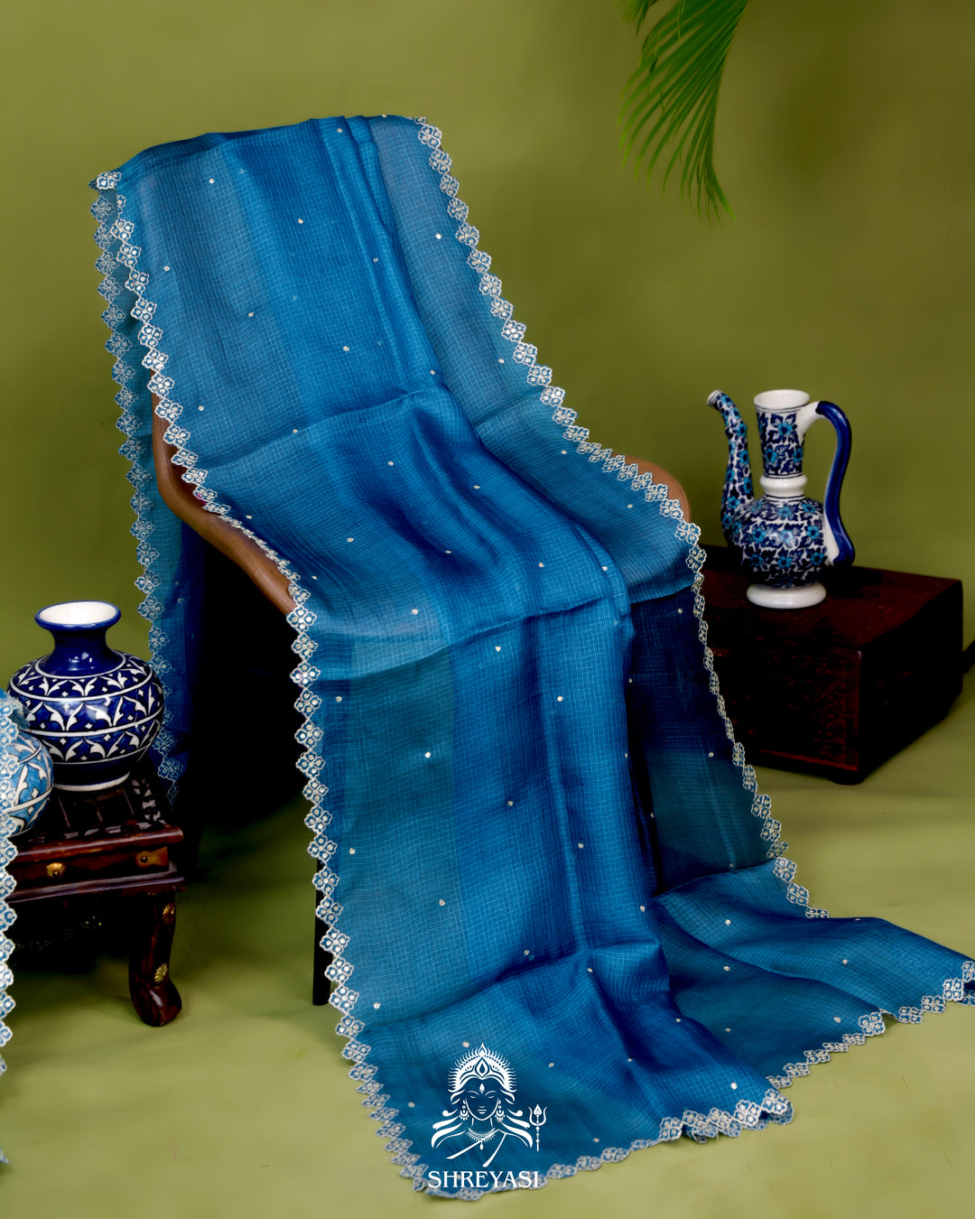 Handloom Pure Tussar Kota Saree with Scalloped Pitta Embroidery Border