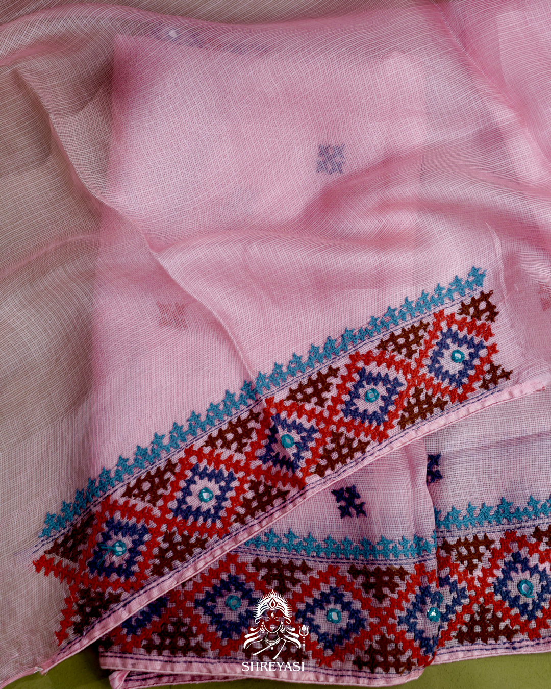 Handloom Pure Tussar Kota Saree with Kutch Hand Embroidery and Mirror Work