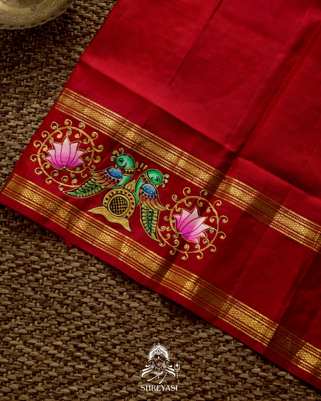 Handloom Pure Kanjivaram Silk Saree in Real Zari with Tanjore Kili and Kamalam Artwork