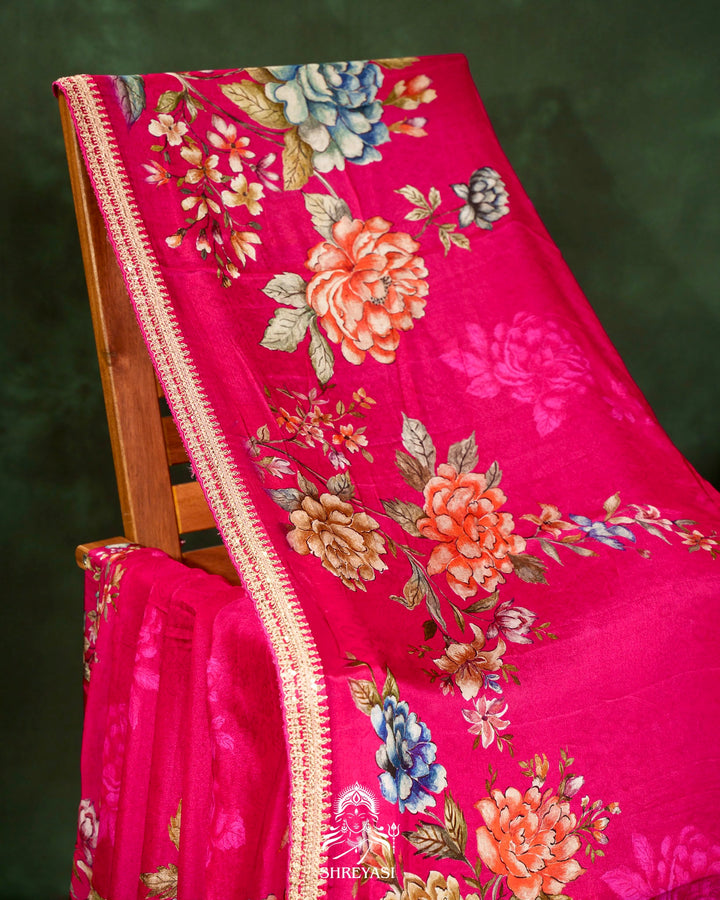 Floral Crepe Chiffon Saree with Embroidered Borders