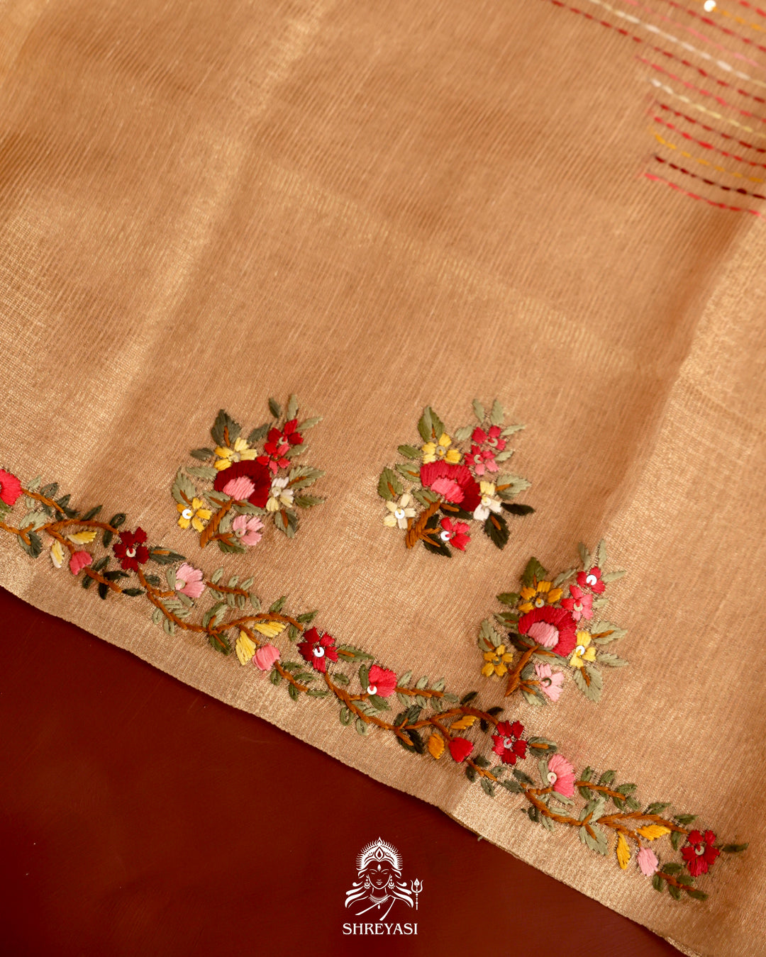 Tissue Linen Saree with Resham Floral Embroidery