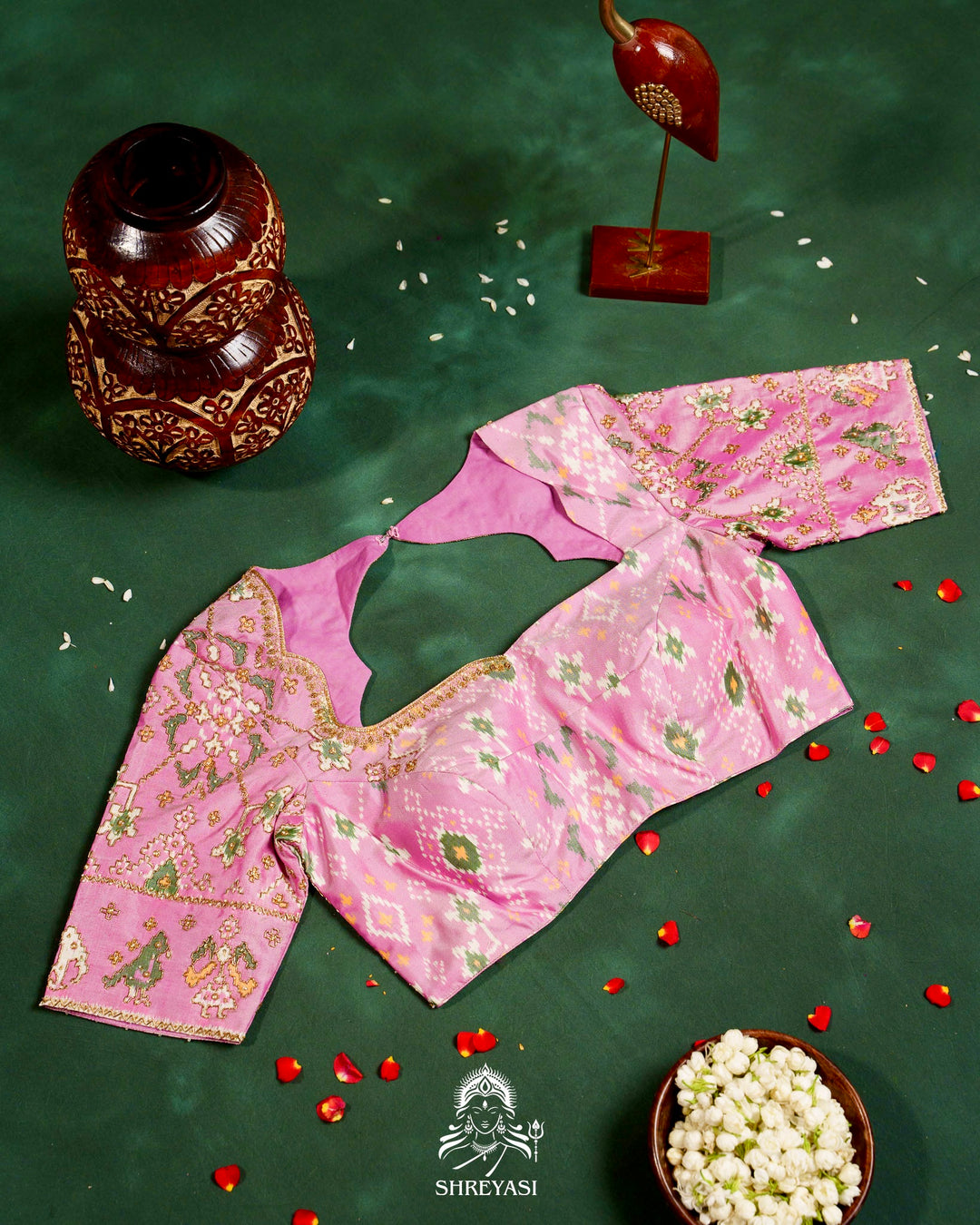 Handloom Pure Single Ikat Rajkot Patola Silk Blouse with Rich Hand Embroidery