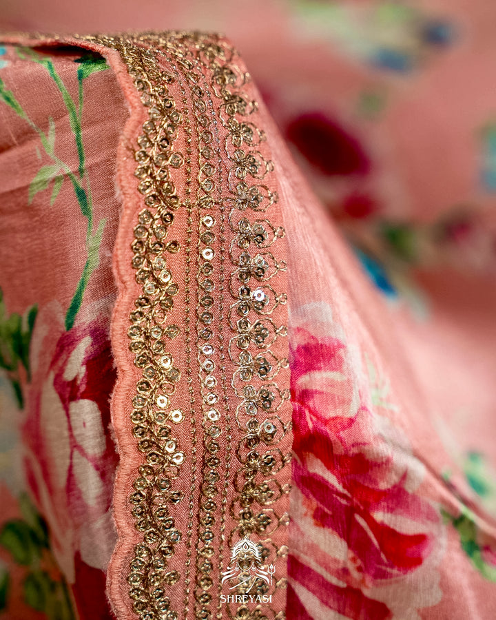 Pure Chinon Satin Saree with Floral Print & Embroidered Scallop Borders