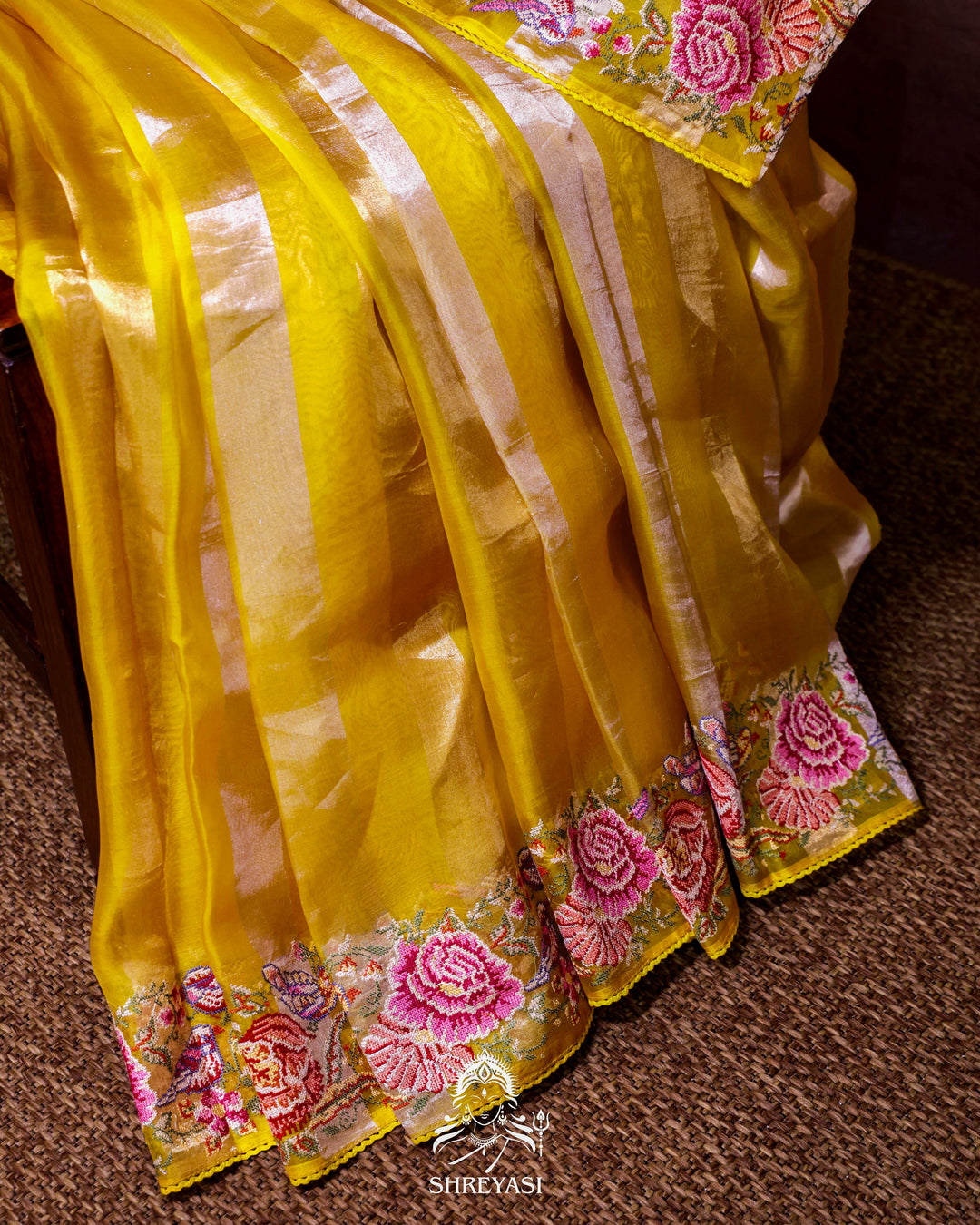 Pure Tissue Silk Saree with Zari Stripes and Petit Point Embroidered Borders